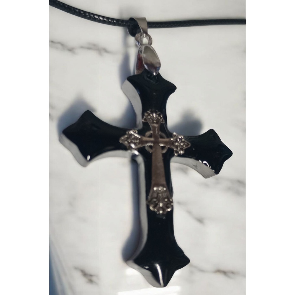 Handmade Black Resin Cross Pendant with Inlaid Silver Metal‎ Cross